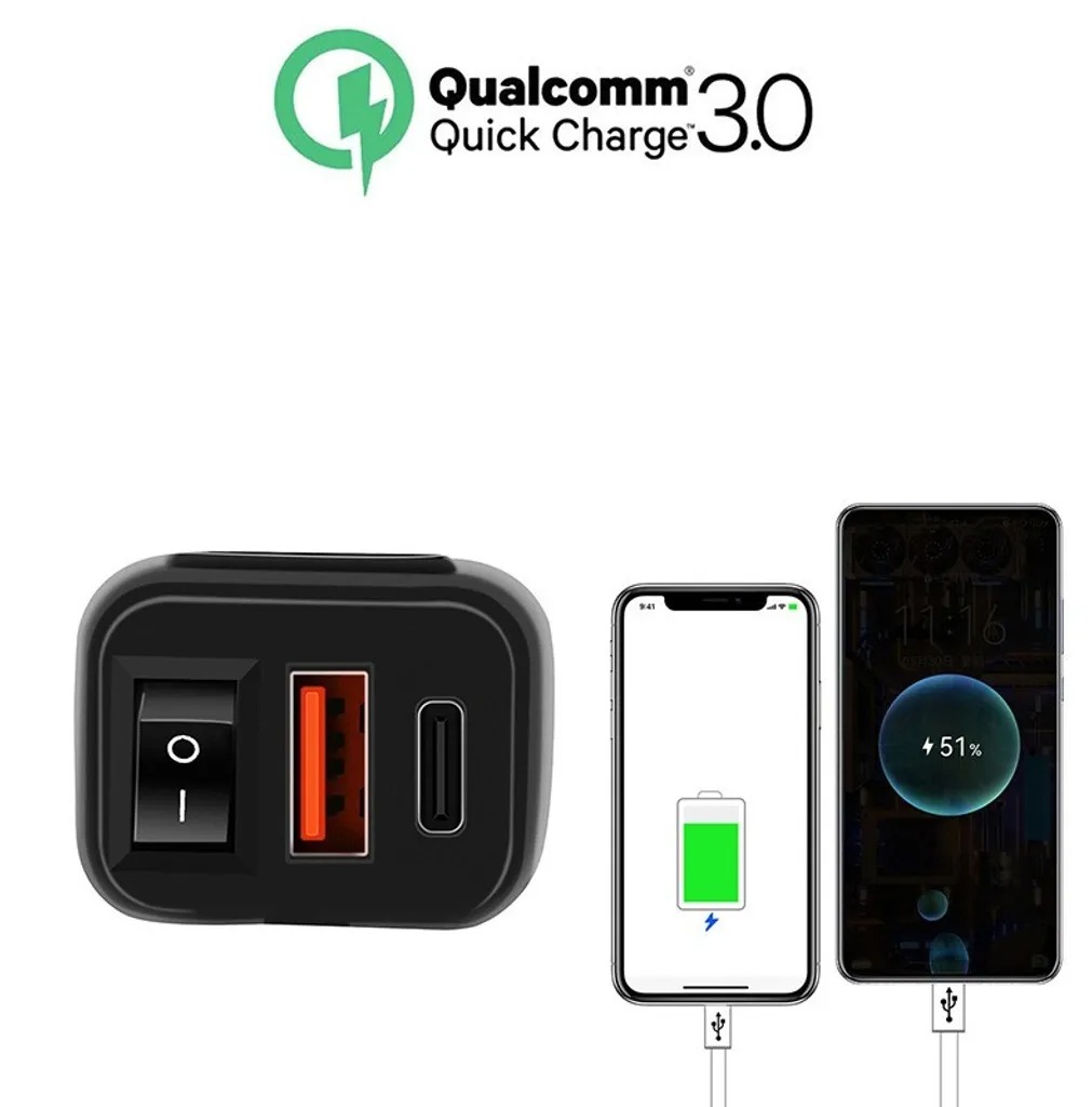 Zásuvka COMPACT2 na motorku 12v s vypínačem, voltmetrem, 1xUSB-A a 1xUSB-C, QuickCharge 3,4A, kompaktní2 3